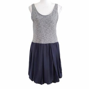 SANDRO GREY CHAMBRAY CONTRAST BLACK PLEATED BALLOON SLEEVELESS MINI CASUAL DRESS